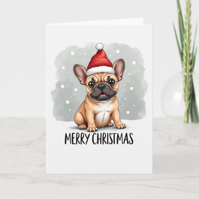 Cute Cartoon French Bulldog in Santa Hat Christmas Card (Front)