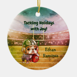 Cute Cartoon French bulldog quarterback holiday Ceramic Ornament