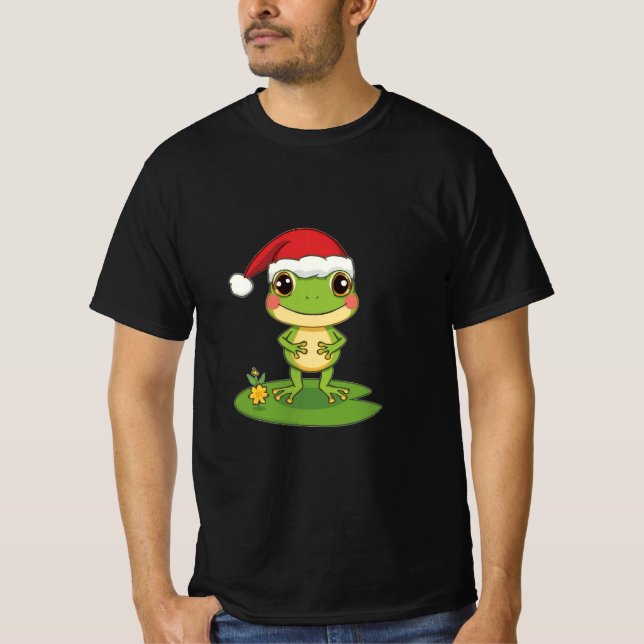 Cute Cartoon Frog Character Wearing a Santa Hat on T-Shirt (Front)