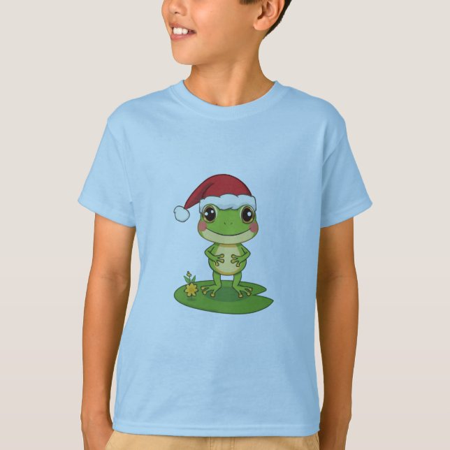 Cute Cartoon Frog Character Wearing a Santa Hat on T-Shirt (Front)
