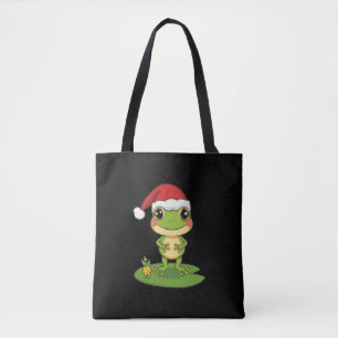 Cute Cartoon Frog Character Wearing a Santa Hat on Tote Bag