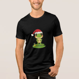 Cute Cartoon Frog Character Wearing a Santa Hat on Tri-Blend Shirt