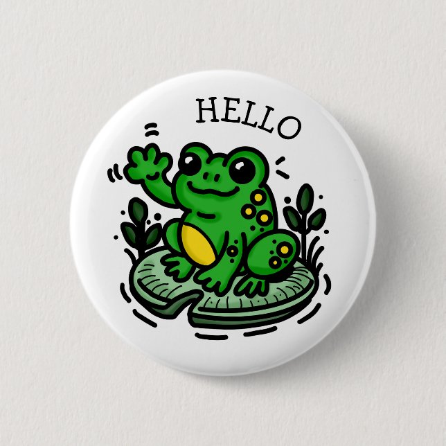 Cute Cartoon Frog on Lily pad saying Hello 6 Cm Round Badge (Front)