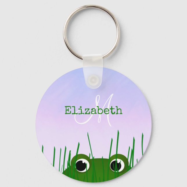 Cute cartoon frog peeking thru grass personalised key ring (Front)