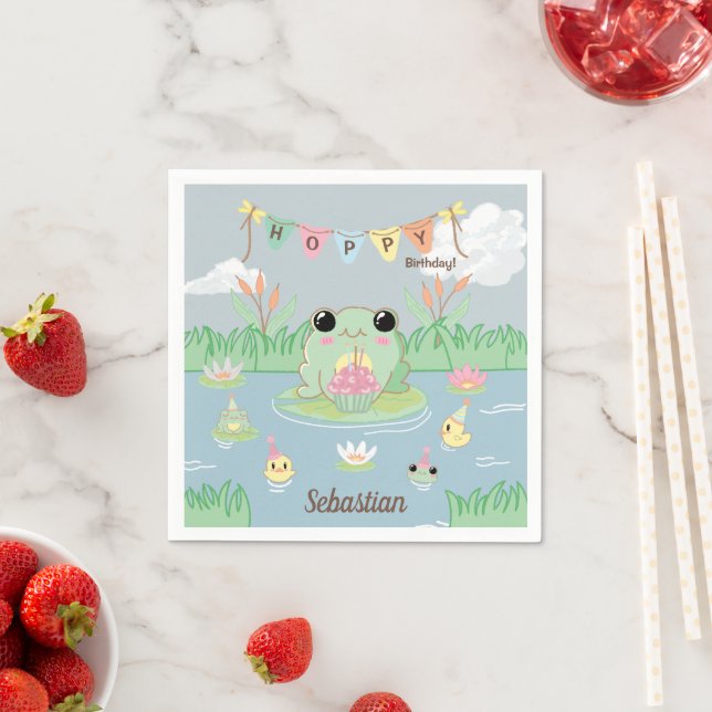 Cute Cartoon Frog Pond Birthday Party Napkin (Insitu)