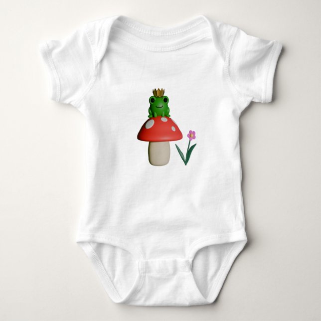 Cute Cartoon Frog Wearing a Crown on a Mushroom Baby Bodysuit (Front)
