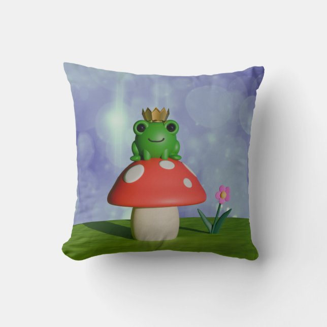 Cute Cartoon Frog Wearing a Crown on a Mushroom Cushion (Front)