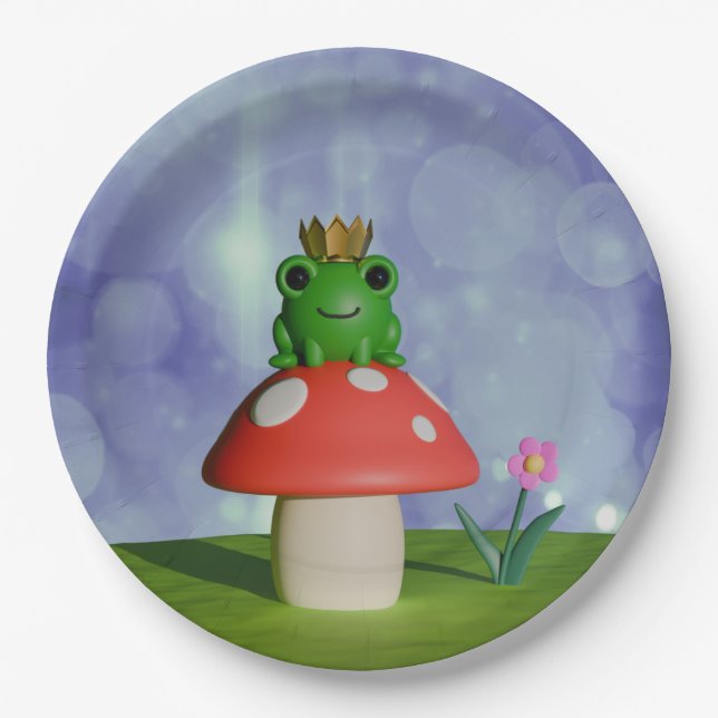 Cute Cartoon Frog Wearing a Crown on a Mushroom Paper Plate (Front)