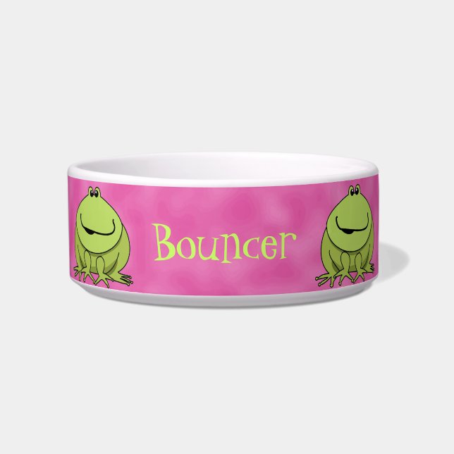 Cute Cartoon Frogs Pink Personalised Pet Bowl (Front)