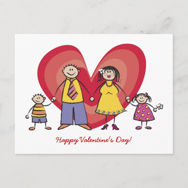 Cute Cartoon Fun Happy Family Love Heart Valentine Holiday Postcard (Front)