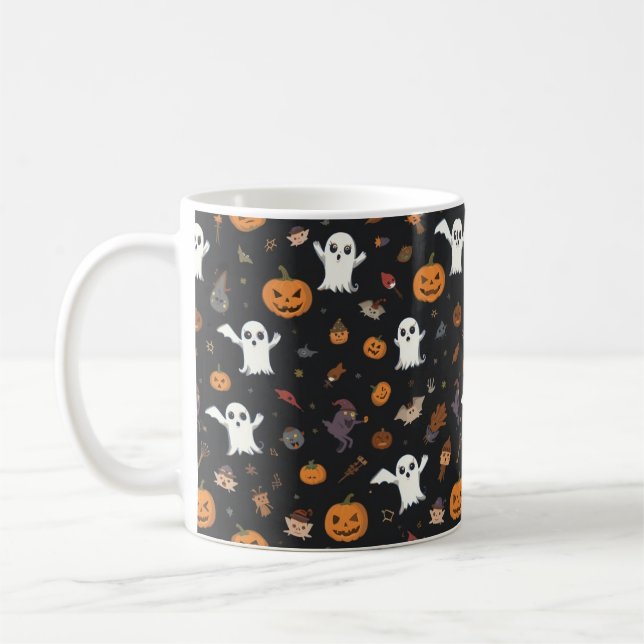 Cute Cartoon Ghost and Pumpkin Pattern Mug | Happy (Left)