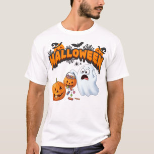 Cute Cartoon Ghost and Spilled Candy Pumpkin T-Shirt