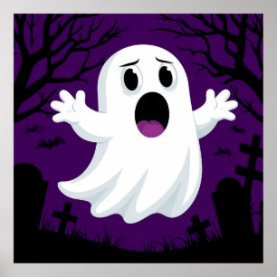 Cute Cartoon Ghost Halloween Spooky Scene Poster