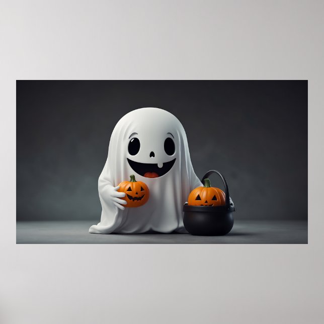 Cute Cartoon Ghost Holding a Trick-or-Treat Bag Poster (Front)