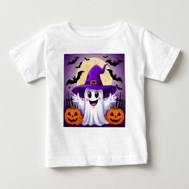 Cute Cartoon Ghost in Witch Hat with Pumpkins Baby T-Shirt (Front)