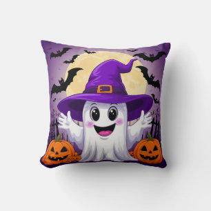 Cute Cartoon Ghost in Witch Hat with Pumpkins Cushion