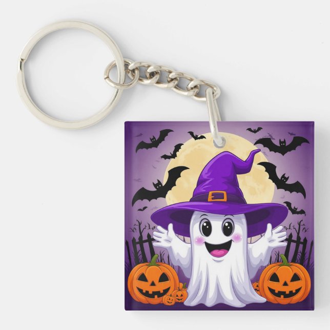 Cute Cartoon Ghost in Witch Hat with Pumpkins Key Ring (Front)