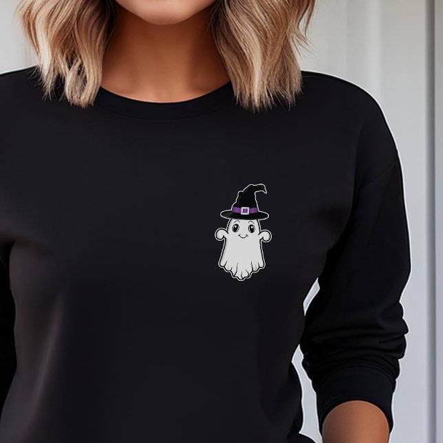 Cute Cartoon Ghost Spirit With Witch Hat Halloween Sweatshirt (Please note: This image is a digital mockup.)