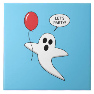 Cute Cartoon Ghost with Red Balloon Ceramic Tile