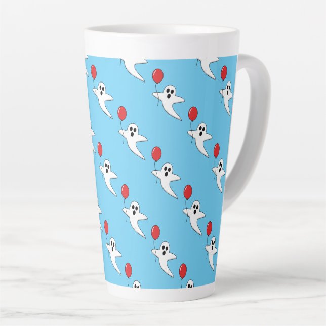 Cute Cartoon Ghost with Red Balloon Pattern Latte Mug (Right Angle)