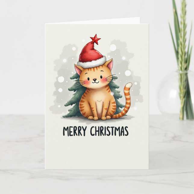 Cute Cartoon Ginger Cat in Santa Hat Christmas Car Card (Front)