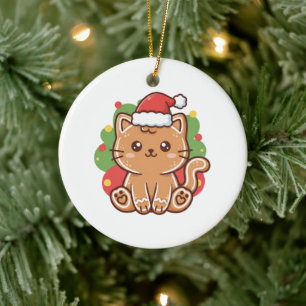 Cute Cartoon Gingerbread Cat Cookie Christmas Ceramic Ornament