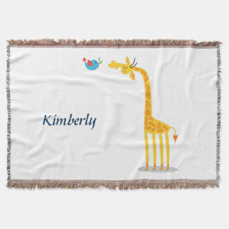 Cute cartoon giraffe and bird throw blanket