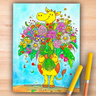 Cute Cartoon Giraffe Flowers Hello postcard