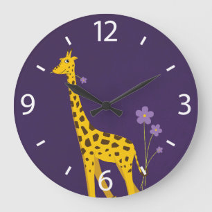 Cute Cartoon Giraffe Flowers Purple Large Clock