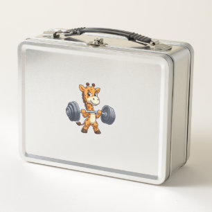 Cute Cartoon Giraffe Lifting Weights Fitness Gym Metal Lunch Box