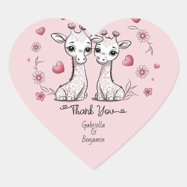 Cute Cartoon Giraffe Love Valentines Day Thank You Heart Sticker (Front)