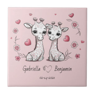Cute Cartoon Giraffe Lovers Heart Valentine’s Day Ceramic Tile