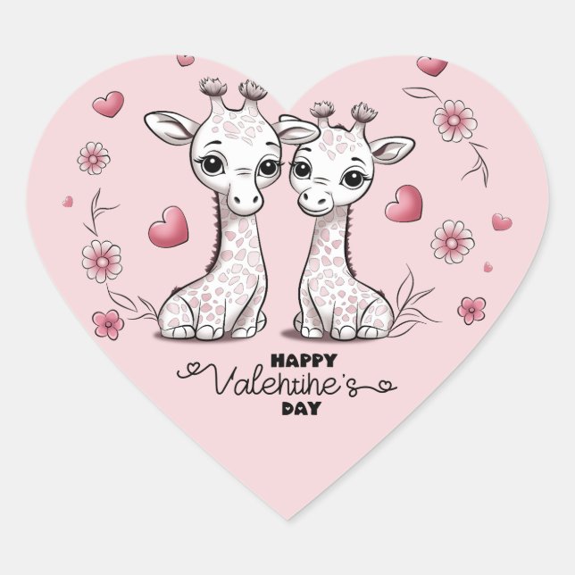 Cute Cartoon Giraffe Lovers Heart Valentine’s Day Sticker (Front)