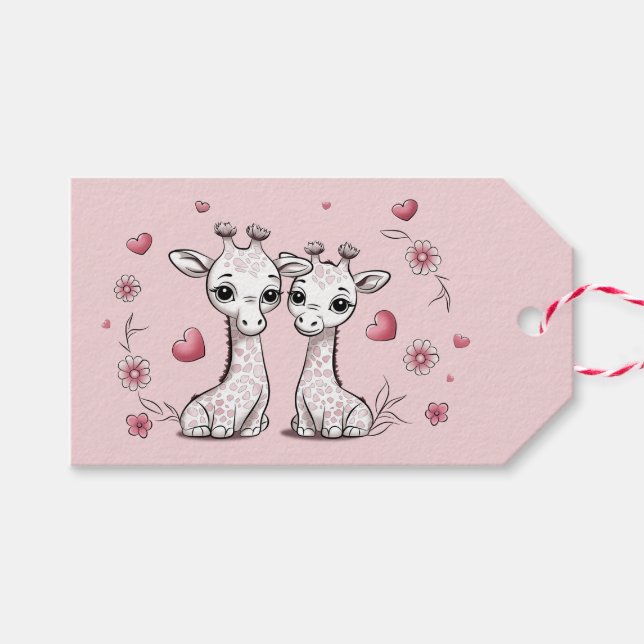 Cute Cartoon Giraffe Lovers Hearts Valentine’s Day Gift Tags (Front (Horizontal))
