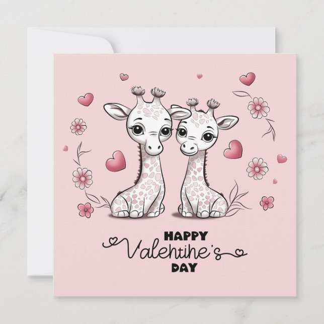 Cute Cartoon Giraffe Lovers Hearts Valentine’s Day Holiday Card (Front)