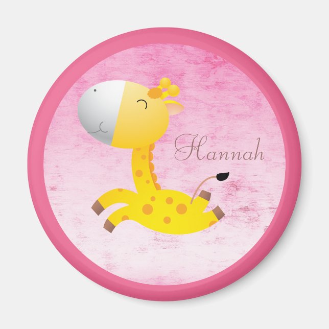 Cute Cartoon Giraffe Pink Personalised Magnet (Front)