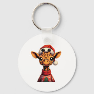 Cute Cartoon Giraffe With Santa Hat Christmas Xmas Key Ring