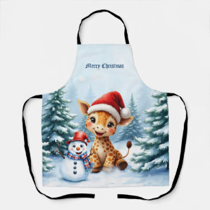 Cute Cartoon Giraffe with Santa Hat & Snowman Apron