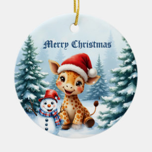 Cute Cartoon Giraffe with Santa Hat & Snowman Ceramic Ornament