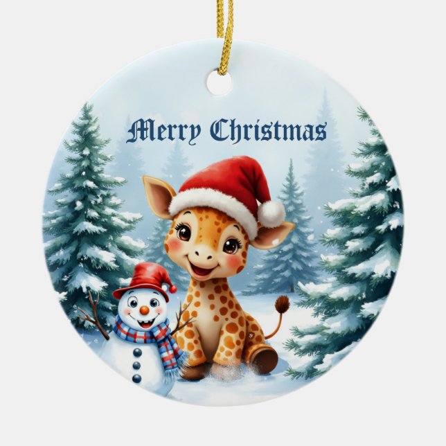 Cute Cartoon Giraffe with Santa Hat & Snowman Ceramic Ornament (Front)