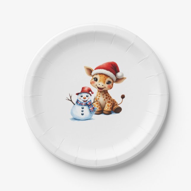 Cute Cartoon Giraffe with Santa Hat & Snowman Clas Paper Plate (Front)
