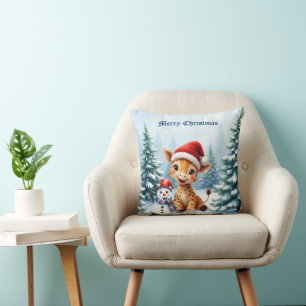 Cute Cartoon Giraffe with Santa Hat & Snowman Cushion