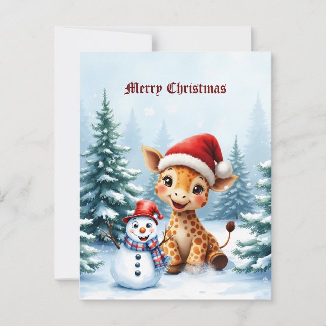 Cute Cartoon Giraffe with Santa Hat & Snowman Holiday Card (Front)