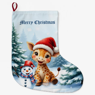 Cute Cartoon Giraffe with Santa Hat & Snowman Large Christmas Stocking
