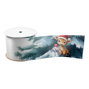 Cute Cartoon Giraffe with Santa Hat & Snowman Satin Ribbon