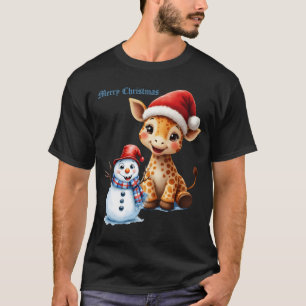 Cute Cartoon Giraffe with Santa Hat & Snowman T-Shirt