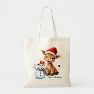 Cute Cartoon Giraffe with Santa Hat & Snowman Tote Bag