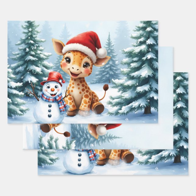 Cute Cartoon Giraffe with Santa Hat & Snowman  Wrapping Paper Sheet (Set)