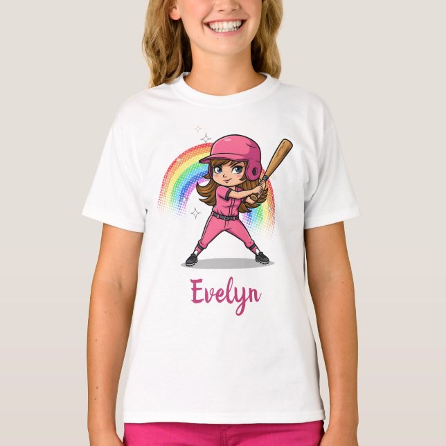 Cute Cartoon Girl Baseball Player in Pink T-Shirt (Front)
