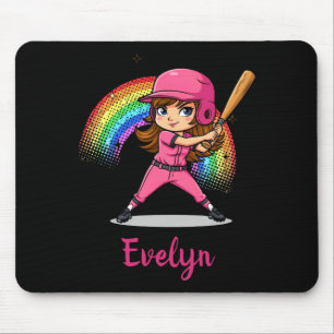 Cute Cartoon Girl Baseball Player In Pink T Shirt Mouse Pad